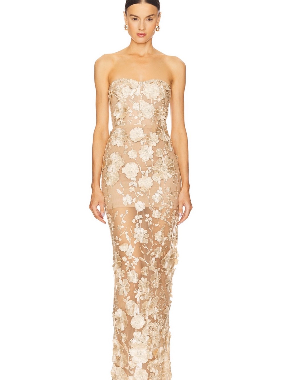 Bronx & Banco - Jasmine Maxi Dress - Strapless Gold Floral Lace Evening Gown